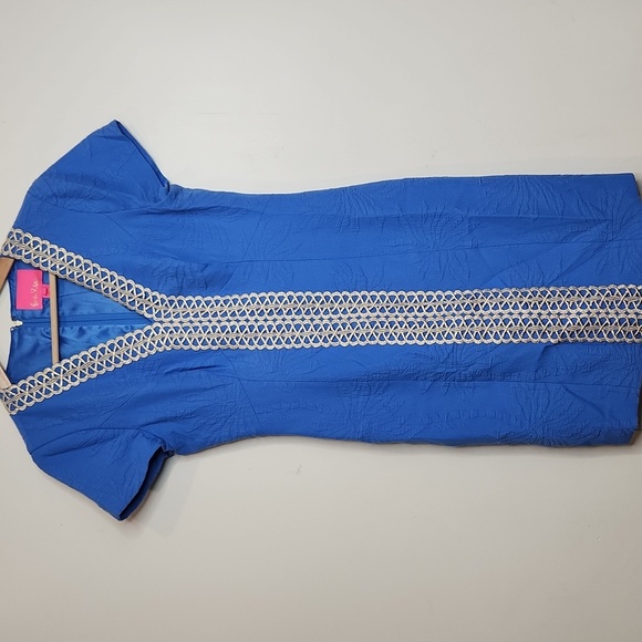 Lilly Pulitzer Arie Stretch Shift blue and gold mini Dress Sz 2 - Picture 3 of 9